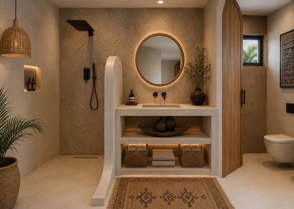 Twiga Villas en-suite bathroom with masonry vanity, rain shower and round backlit mirror