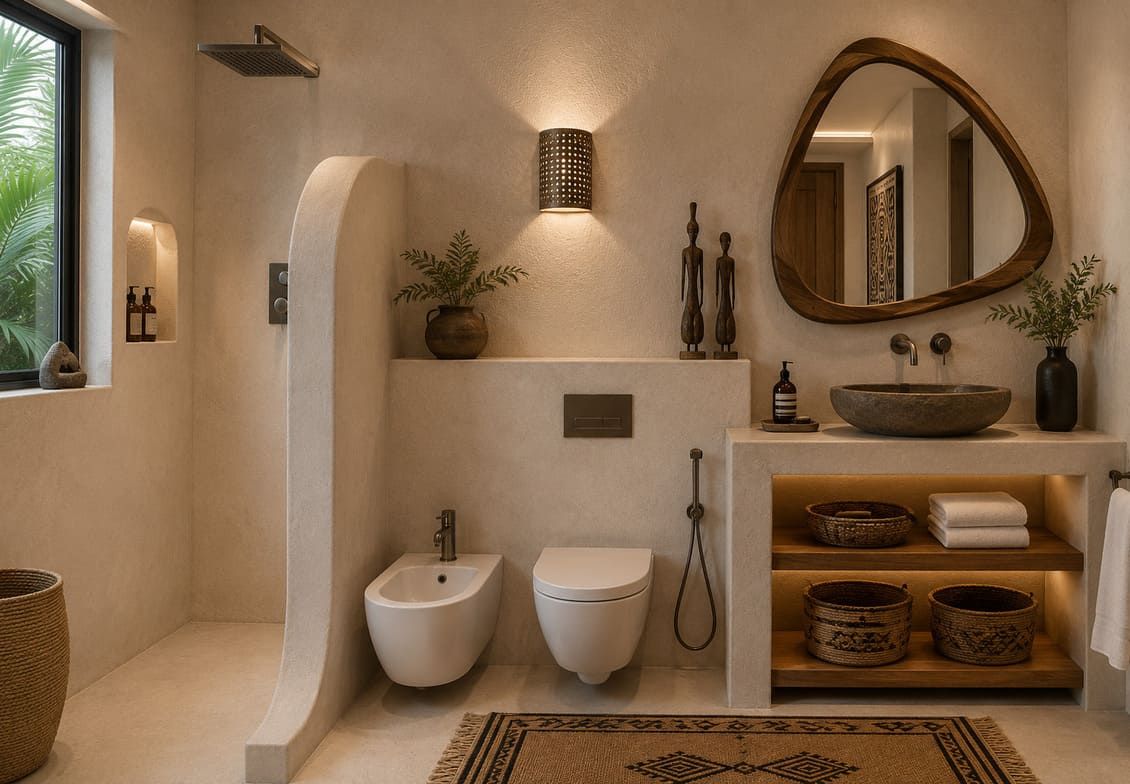 Twiga Villas bathroom with walk-in rain shower and natural stone finishes