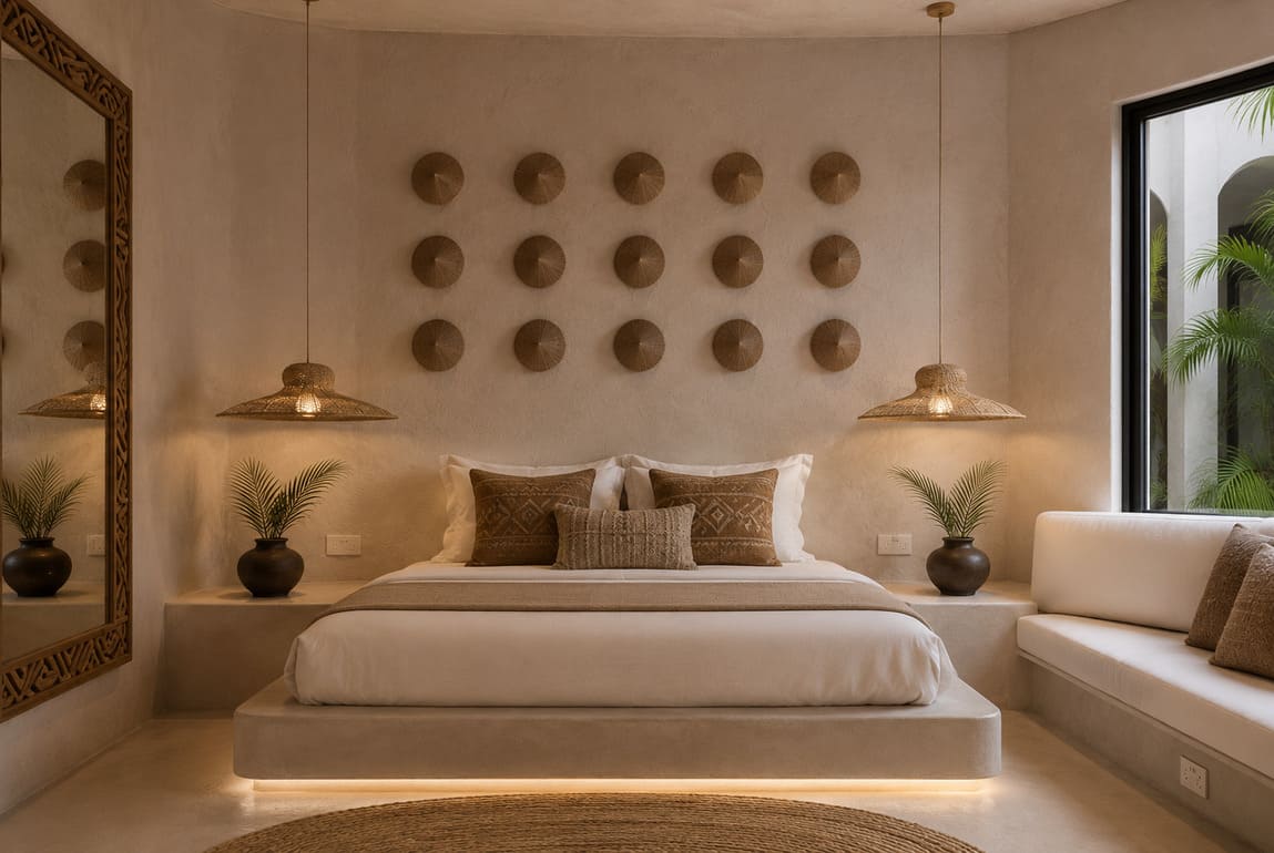 Twiga Villas master bedroom with built-in platform bed and warm plaster walls