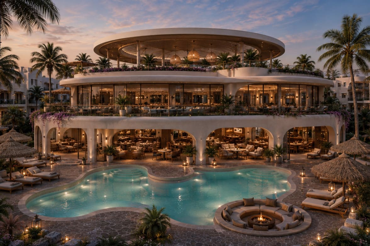 The Twiga Villas Club House at dusk with restaurant, rooftop lounge and pool