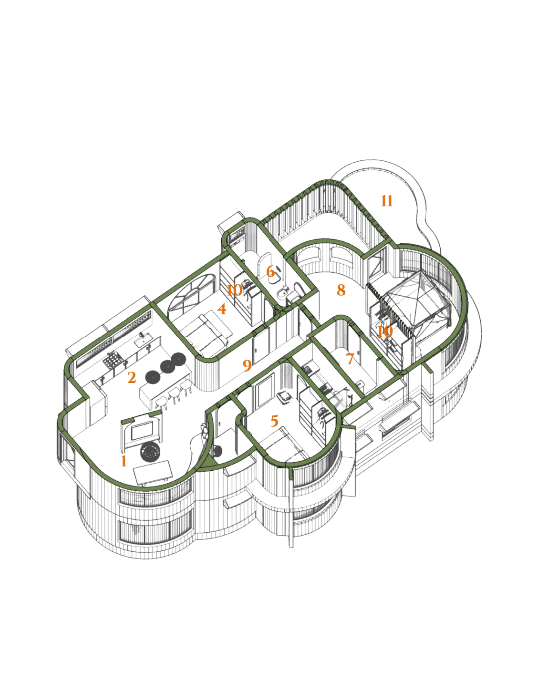 Axonometric floor plan of a Twiga Villas first-floor apartment showing lounge, kitchen, dining, two bedrooms, two bathrooms, closet and rooftop terrace plunge pool