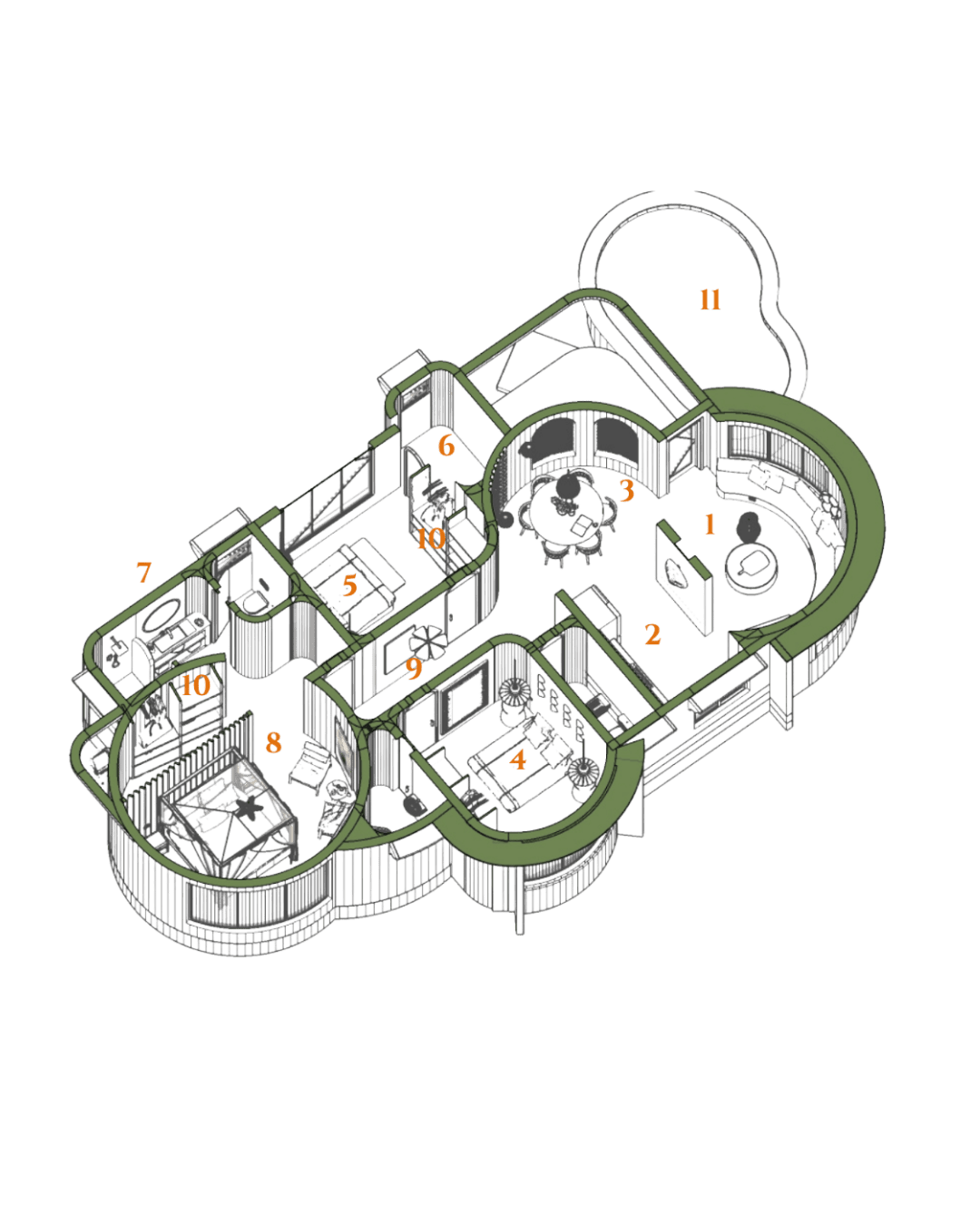 Axonometric floor plan of a Twiga Villas ground-floor apartment showing lounge, kitchen, dining, two bedrooms, two bathrooms, closet and plunge pool