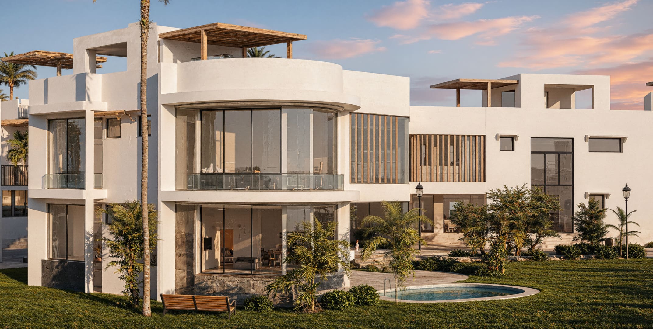 Twiga Villas white curved beachfront apartments with palms and pool at sunset