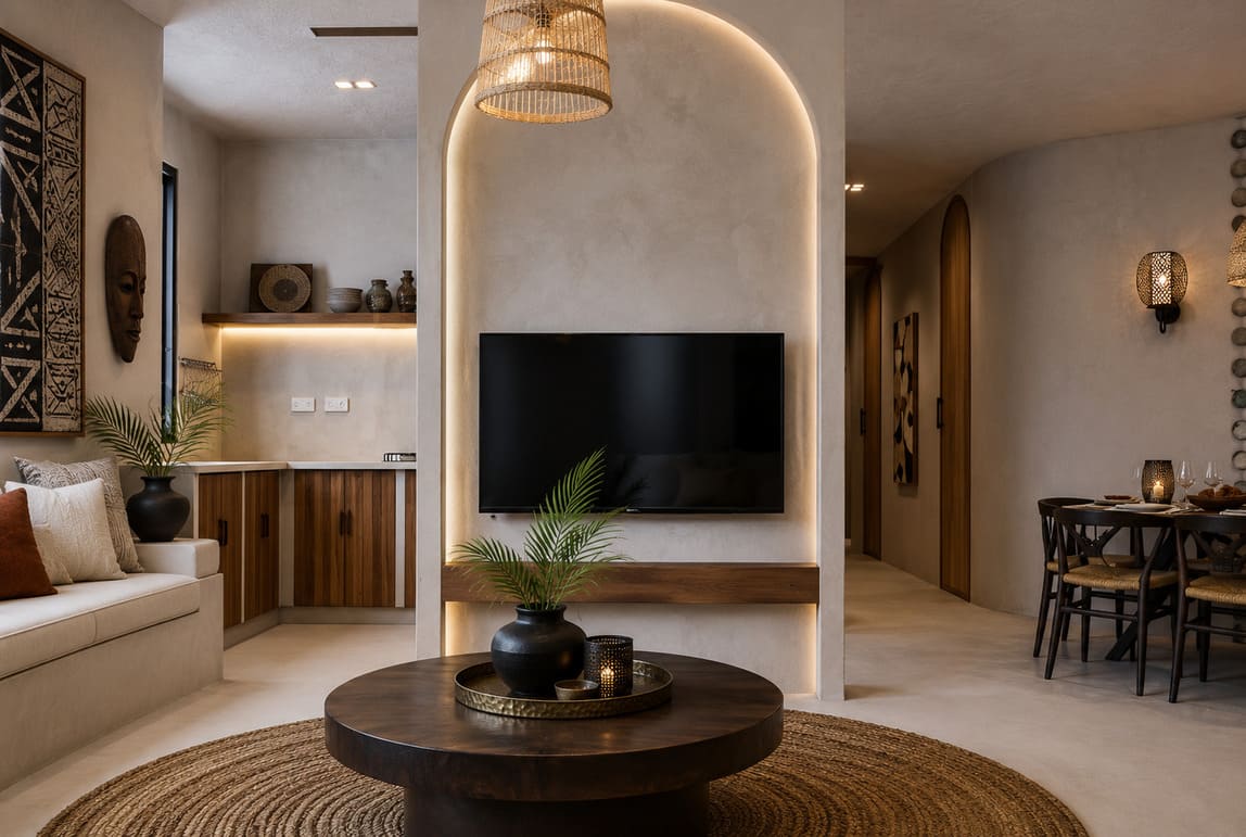 Open-plan living room at Twiga Villas with arched TV niche and jute rug