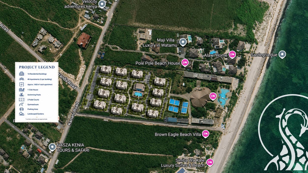 Satellite view of the Twiga Villas site on Jacaranda Beach, Watamu, showing the development plot beside the Indian Ocean with a project legend