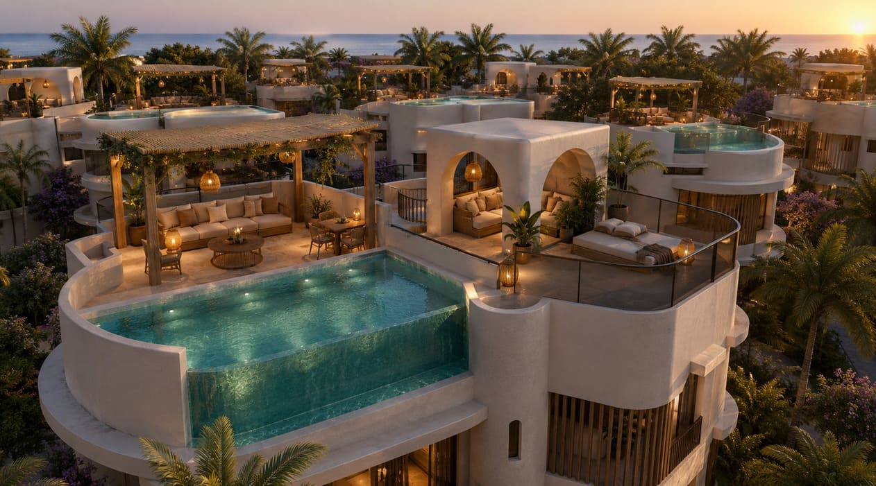 Twiga Villas first-floor rooftop terrace with plunge pool and ocean views at sunset