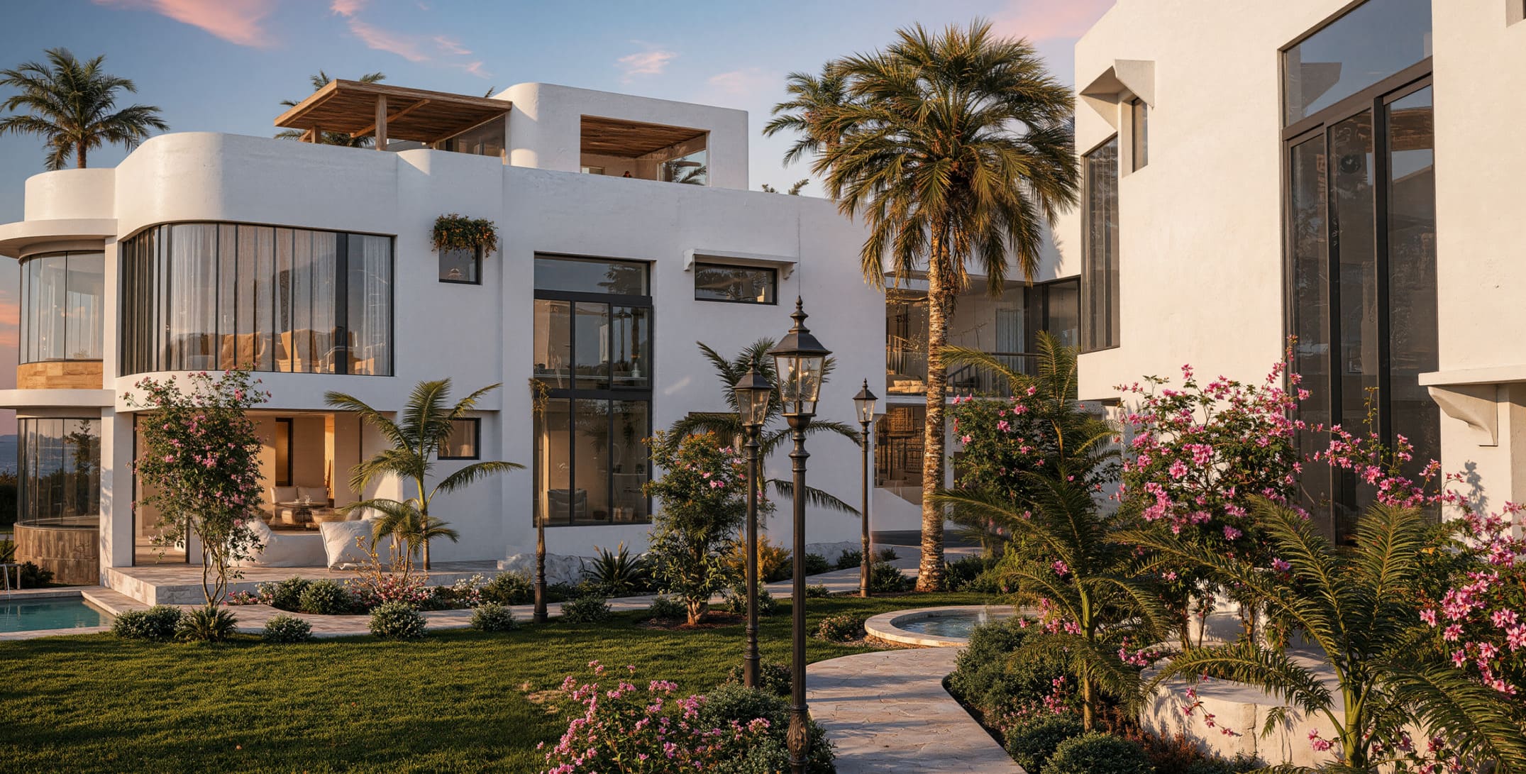 Twiga Villas garden apartment with landscaped tropical grounds at sunset
